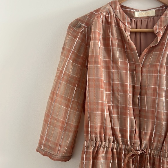 Erin Featherson Party Shirt Dress Sheer Pink Silver Plaid Drawstring Waist Small - Picture 4 of 5